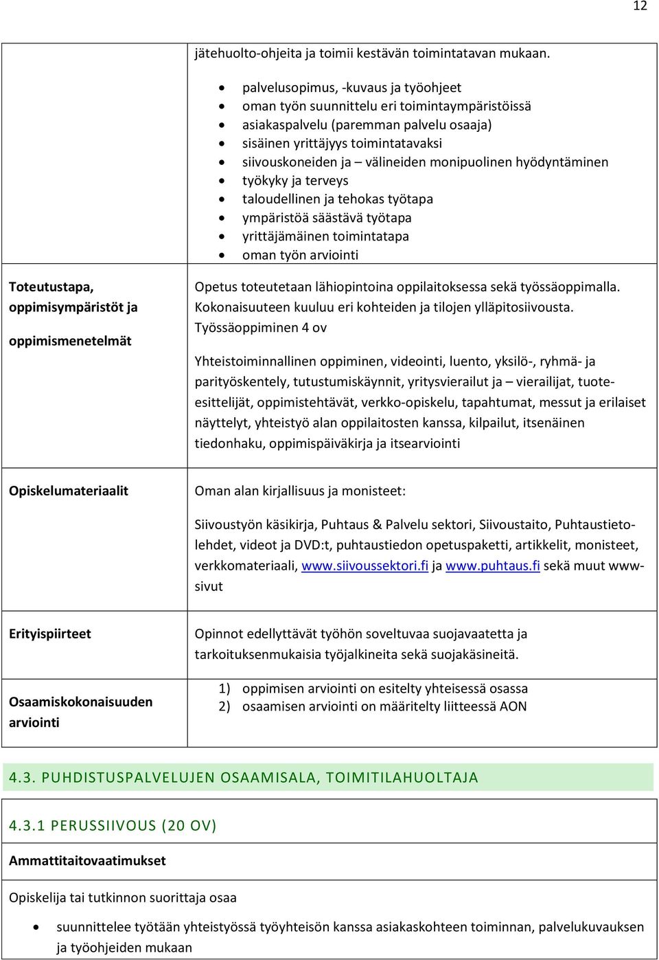 monipuolinen hyödyntäminen työkyky ja terveys taloudellinen ja tehokas työtapa ympäristöä säästävä työtapa yrittäjämäinen toimintatapa oman työn Toteutustapa, oppimisympäristöt ja oppimismenetelmät