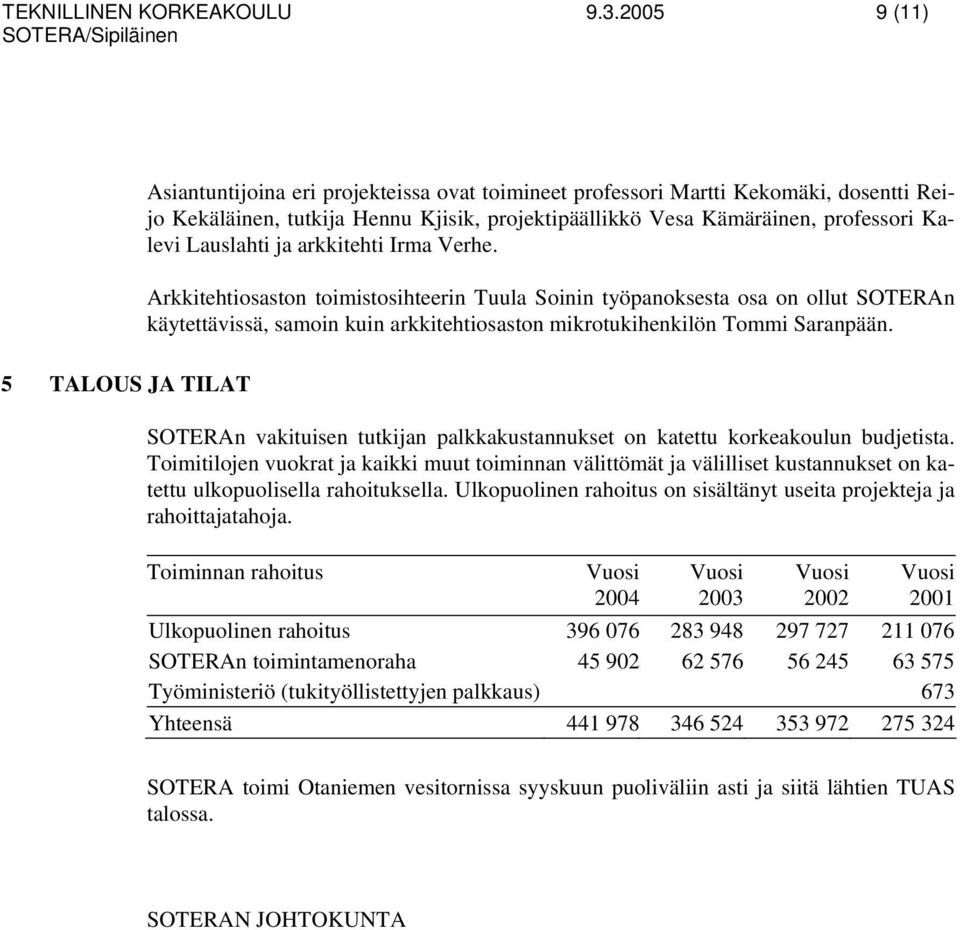 ja arkkitehti Irma Verhe. Arkkitehtiosaston toimistosihteerin Tuula Soinin työpanoksesta osa on ollut SOTERAn käytettävissä, samoin kuin arkkitehtiosaston mikrotukihenkilön Tommi Saranpään.