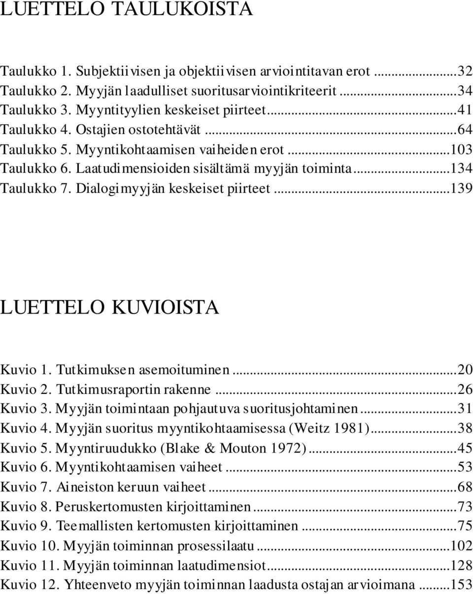 Dialogimyyjän keskeiset piirteet...139 LUETTELO KUVIOISTA Kuvio 1. Tutkimuksen asemoituminen... 20 Kuvio 2. Tutkimusraportin rakenne... 26 Kuvio 3. Myyjän toimintaan pohjautuva suoritusjohtaminen.