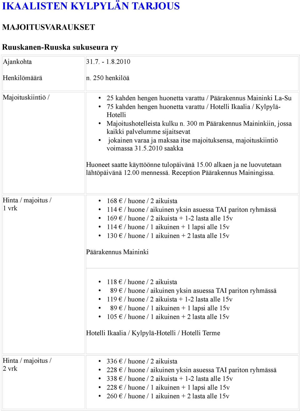 300 m Päärakennus Maininkiin, jossa kaikki palvelumme sijaitsevat jokainen varaa ja maksaa itse majoituksensa, majoituskiintiö voimassa 31.5.2010 saakka Huoneet saatte käyttöönne tulopäivänä 15.