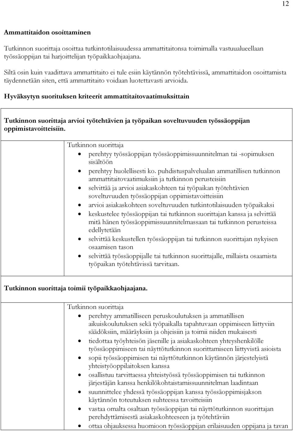 Hyväksytyn suorituksen kriteerit ammattitaitovaatimuksittain arvioi työtehtävien ja työpaikan soveltuvuuden työssäoppijan oppimistavoitteisiin.