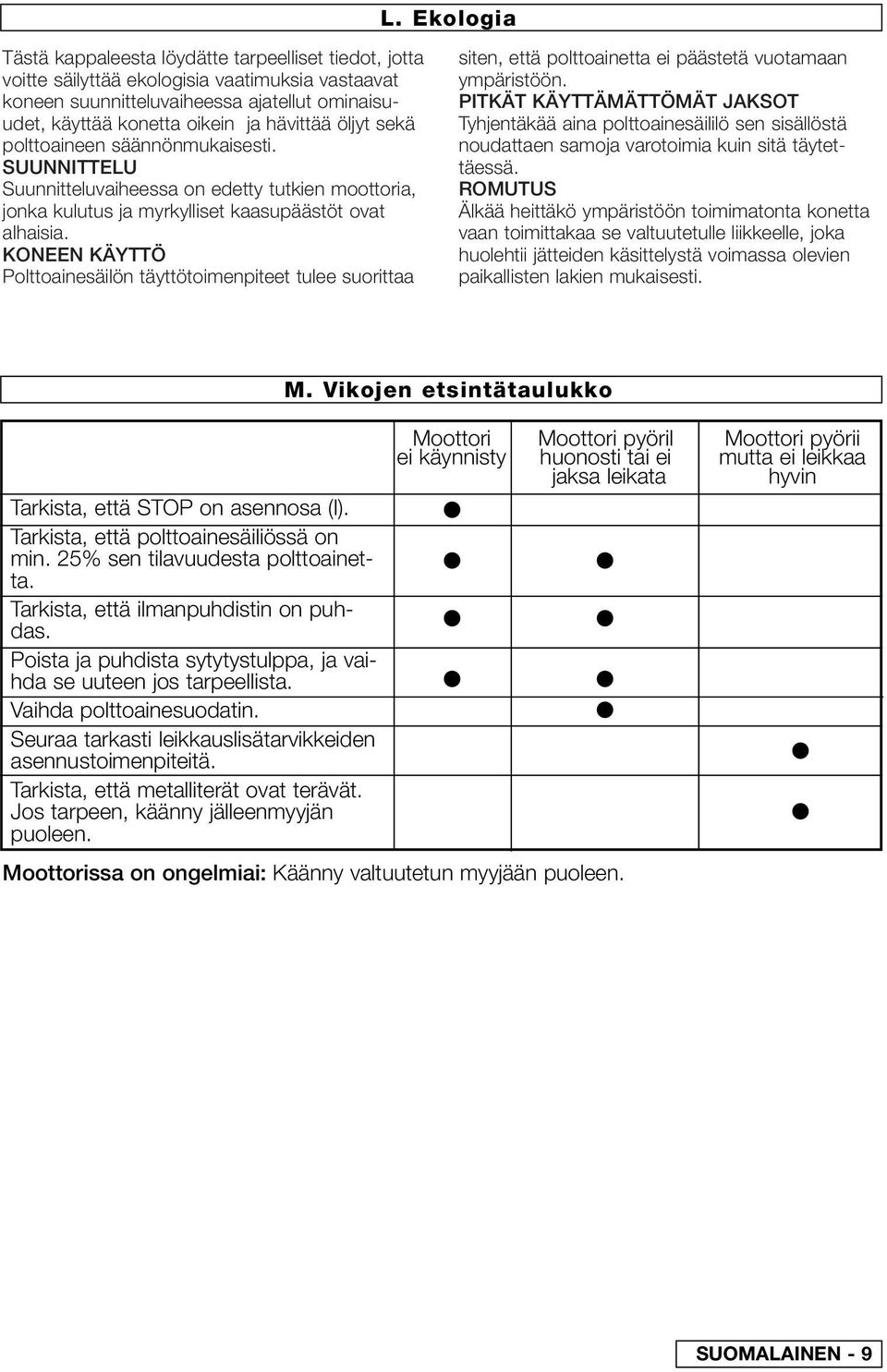 KONEEN KÄYTTÖ Polttoainesäilön täyttötoimenpiteet tulee suorittaa siten, että polttoainetta ei päästetä vuotamaan ympäristöön.