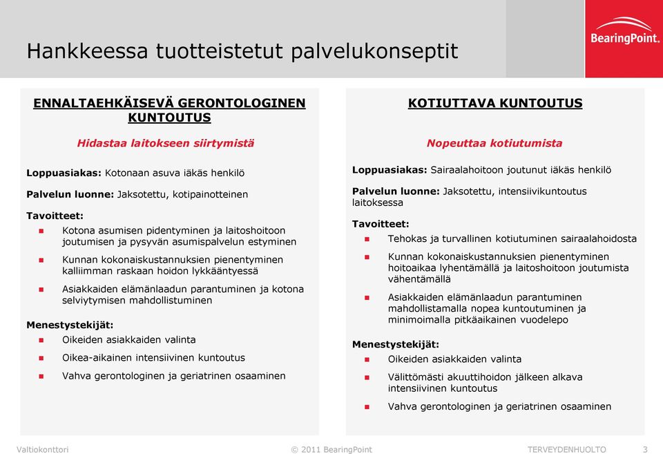 parantuminen ja kotona selviytymisen mahdollistuminen Menestystekijät: Hidastaa laitokseen siirtymistä Oikeiden asiakkaiden valinta Oikea-aikainen intensiivinen kuntoutus Vahva gerontologinen ja