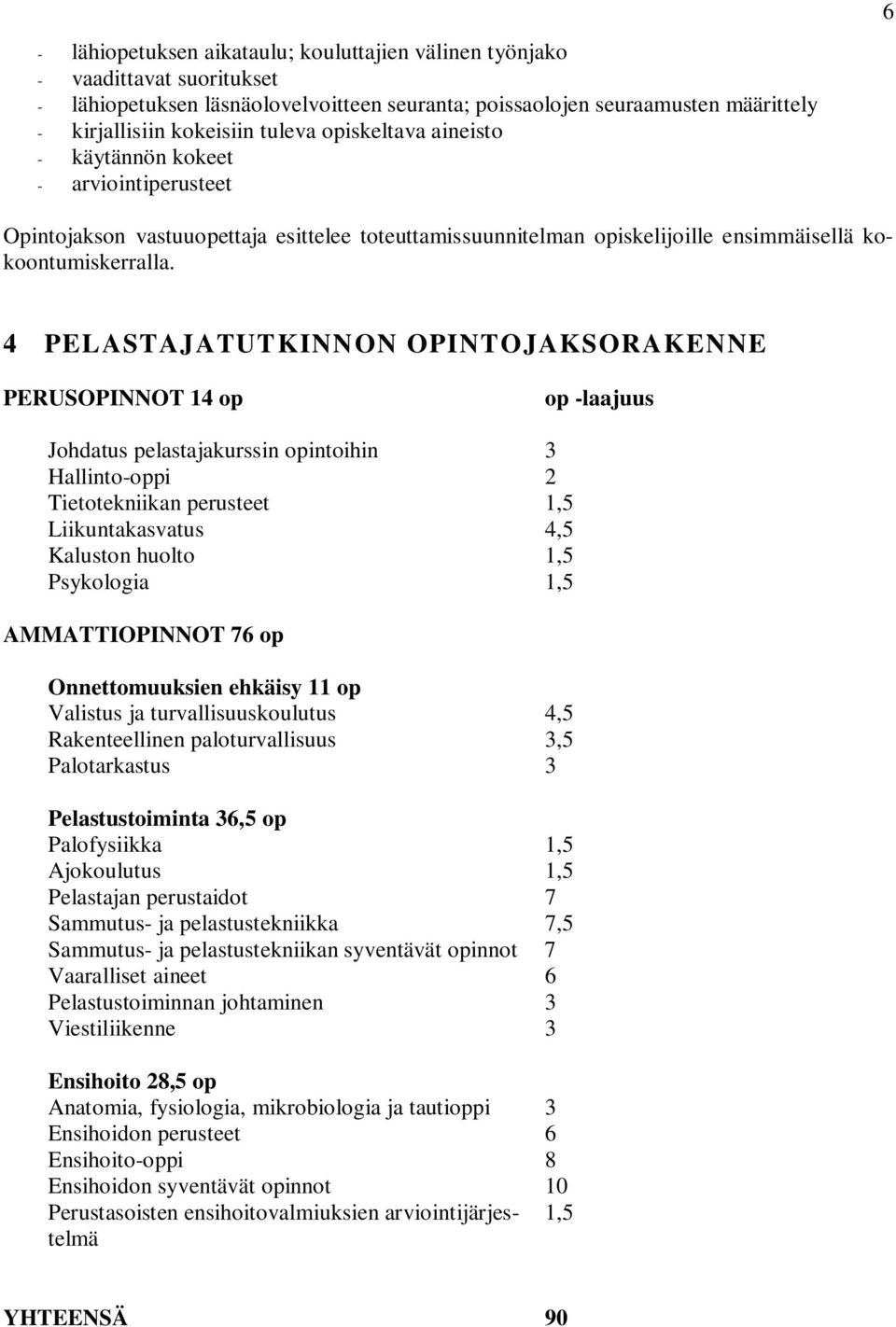 4 PELASTAJATUTKINNON OPINTOJAKSORAKENNE PERUSOPINNOT 14 op op -laajuus Johdatus pelastajakurssin opintoihin 3 Hallinto-oppi 2 Tietotekniikan perusteet 1,5 Liikuntakasvatus 4,5 Kaluston huolto 1,5