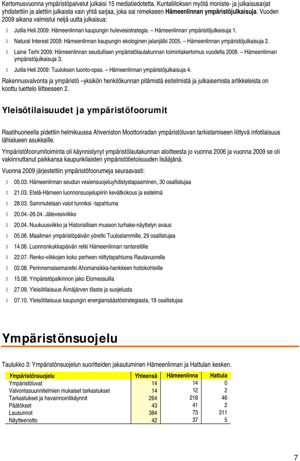 Vuoden 2009 aikana valmistui neljä uutta julkaisua: Jutila Heli 2009: Hämeenlinnan kaupungin hulevesistrategia. Hämeenlinnan ympäristöjulkaisuja 1.