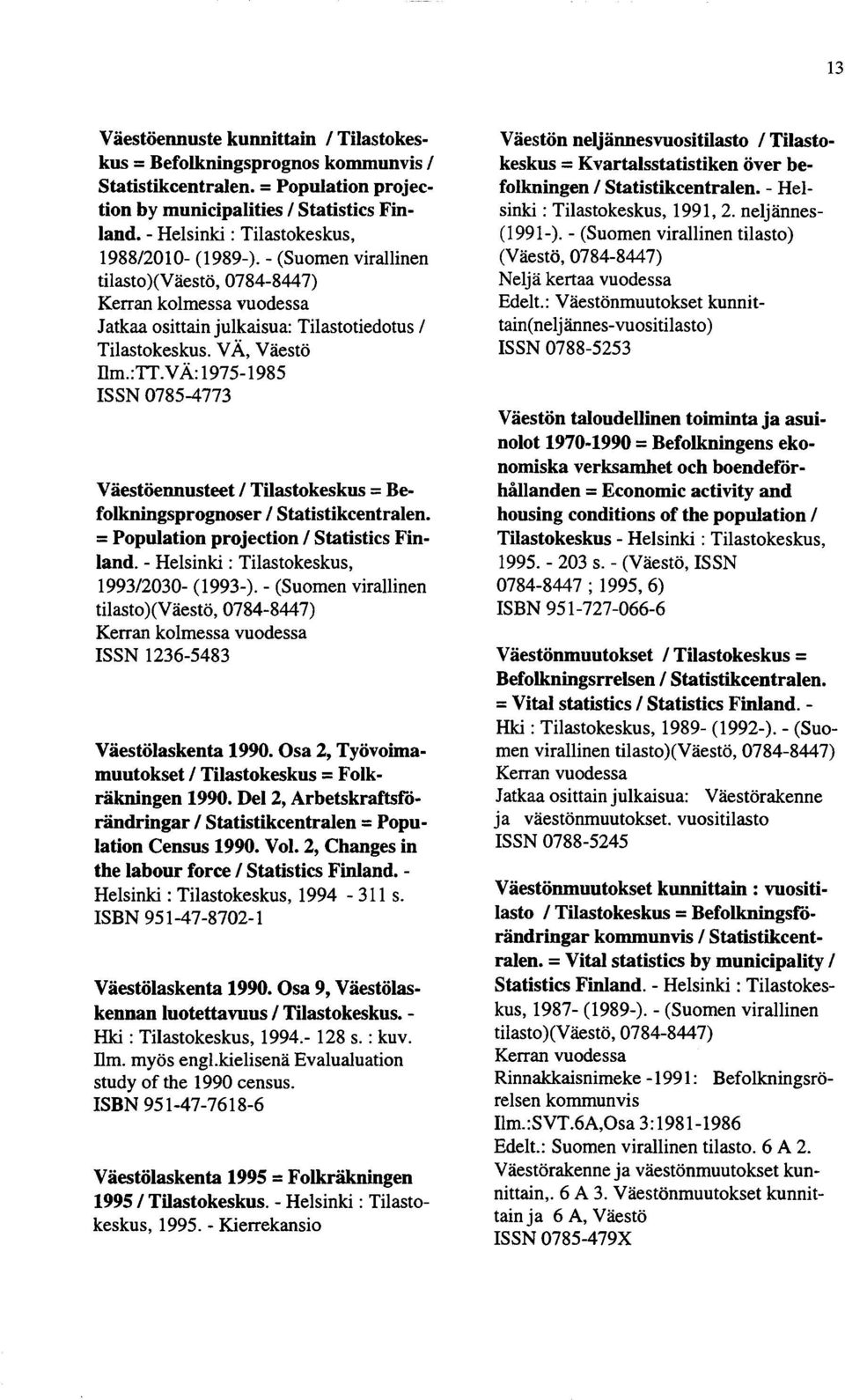 VÄ: 1975-1985 ISSN 0785-4773 Väestöennusteet / Tilastokeskus = Befolkningsprognoser / Statistikcentralen. = Population projection / Statistics Finland. - Helsinki : Tilastokeskus, 1993/2030- (1993-).