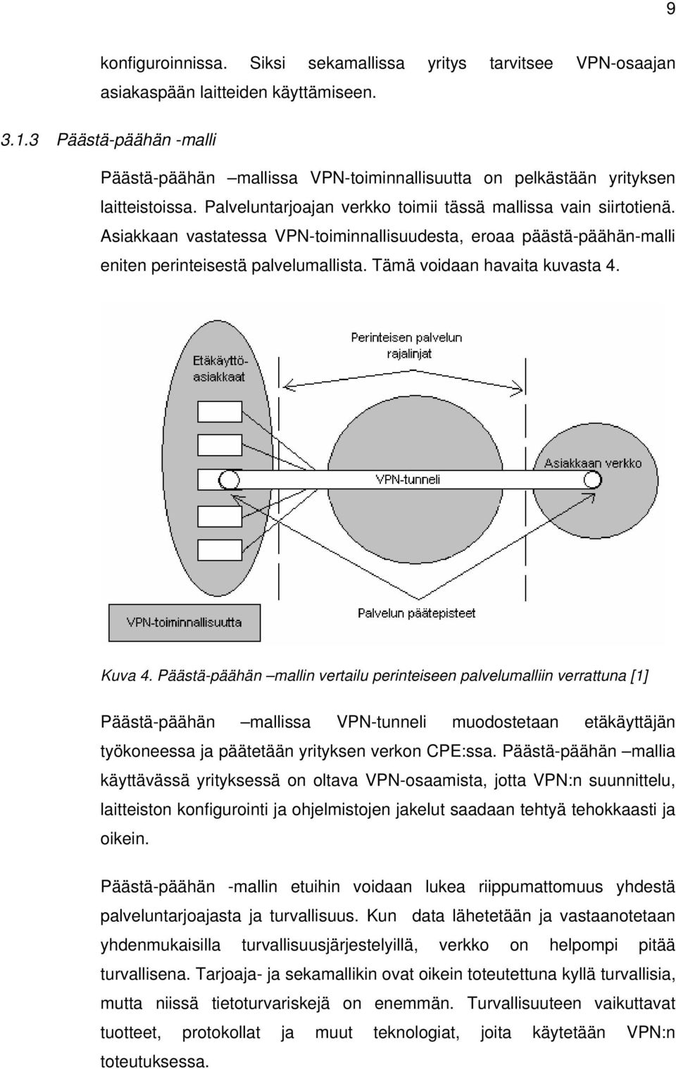 Asiakkaan vastatessa VPN-toiminnallisuudesta, eroaa päästä-päähän-malli eniten perinteisestä palvelumallista. Tämä voidaan havaita kuvasta 4. Kuva 4.