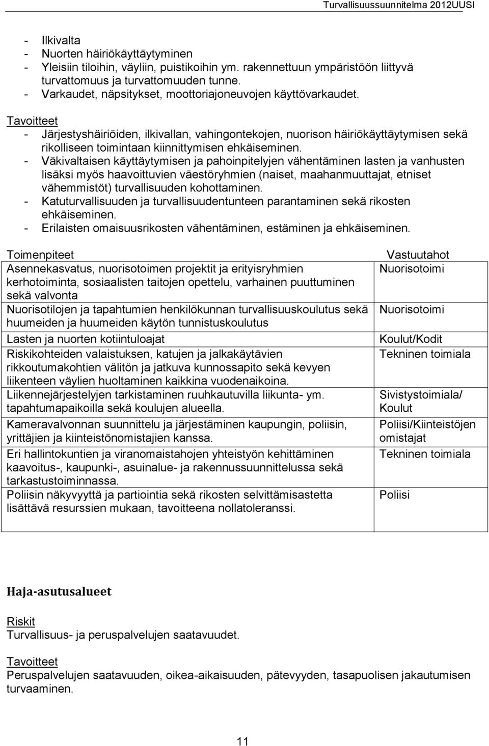 Tavoitteet - Järjestyshäiriöiden, ilkivallan, vahingontekojen, nuorison häiriökäyttäytymisen sekä rikolliseen toimintaan kiinnittymisen ehkäiseminen.