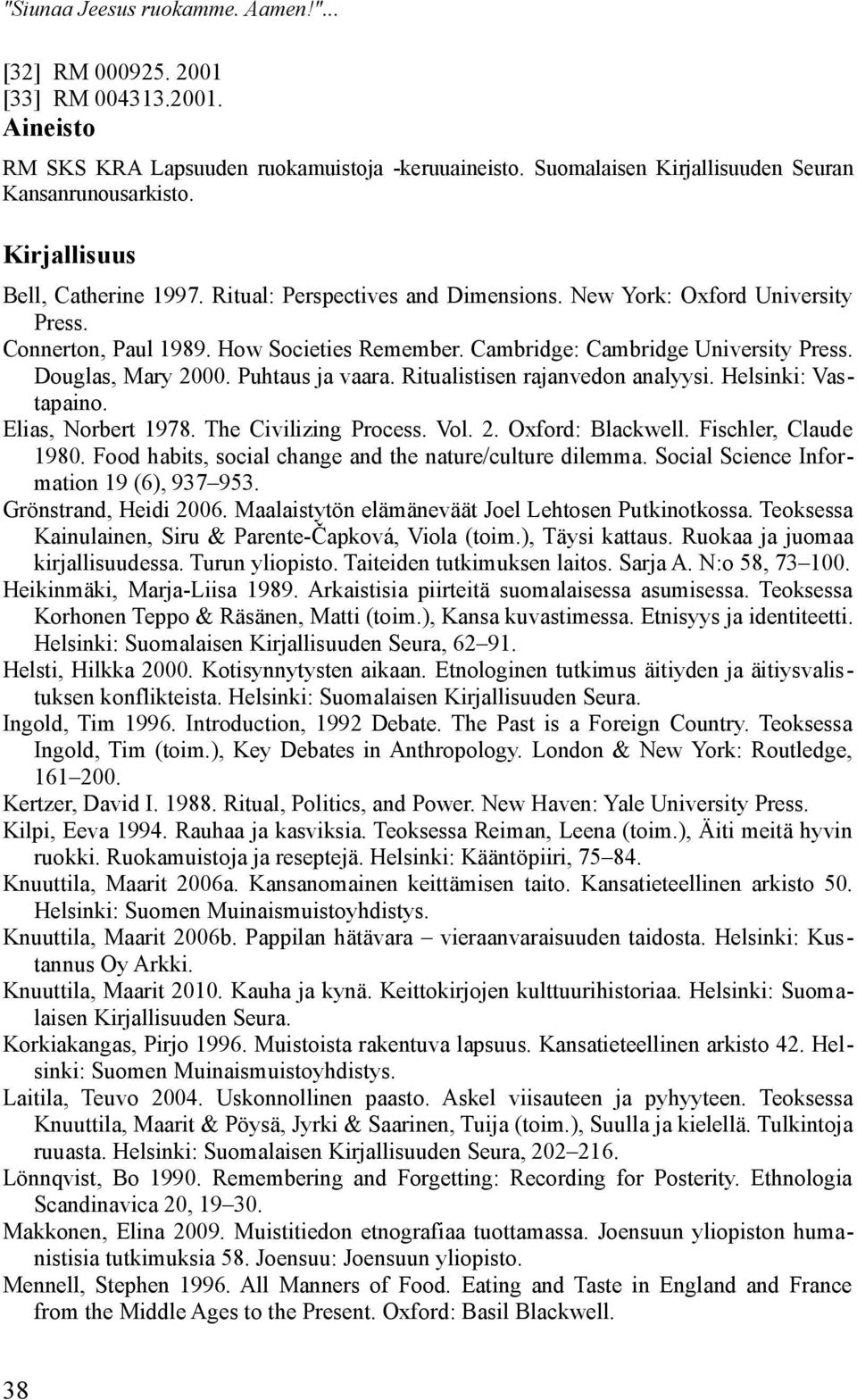 Douglas, Mary 2000. Puhtaus ja vaara. Ritualistisen rajanvedon analyysi. Helsinki: Vastapaino. Elias, Norbert 1978. The Civilizing Process. Vol. 2. Oxford: Blackwell. Fischler, Claude 1980.