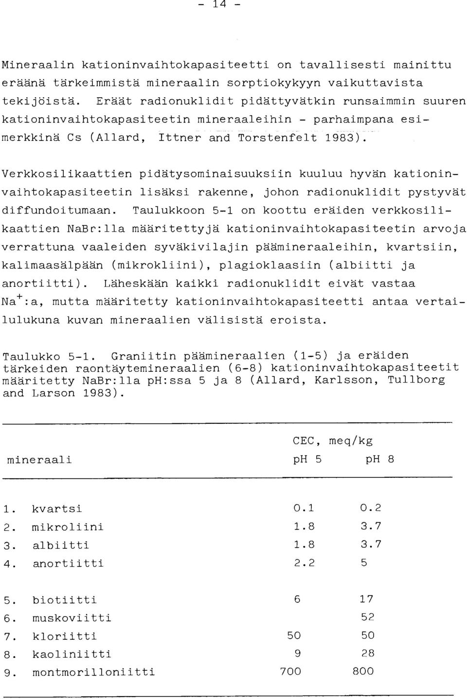 Verkkosilikaattien pidätysominaisuuksiin kuuluu hyvän kationin- vaihtokapasiteetin lisäksi rakenne, johon radionuklidit pystyvät diffundoitumaan.