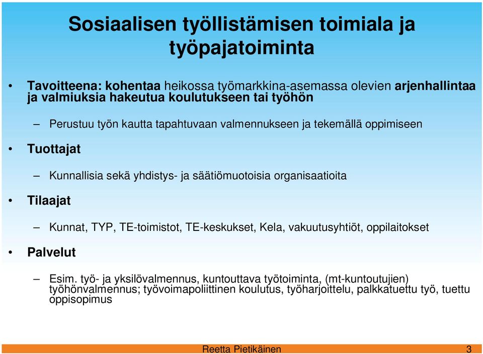 organisaatioita Tilaajat Kunnat, TYP, TE-toimistot, TE-keskukset, Kela, vakuutusyhtiöt, oppilaitokset Palvelut Esim.