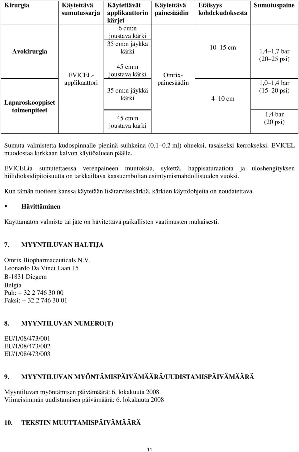 Sumuta valmistetta kudospinnalle pieninä suihkeina (0,1 0,2 ml) ohueksi, tasaiseksi kerrokseksi. EVICEL muodostaa kirkkaan kalvon käyttöalueen päälle.