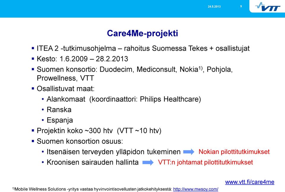 09 28.2.2013 Suomen konsortio: Duodecim, Mediconsult, Nokia 1), Pohjola, Prowellness, VTT Osallistuvat maat: Alankomaat (koordinaattori: Philips