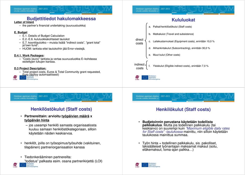 Work Packages: Costs (euro) tarkista ja vertaa suuruusluokka E kohdassa esitettyjen lukujen kanssa. D.