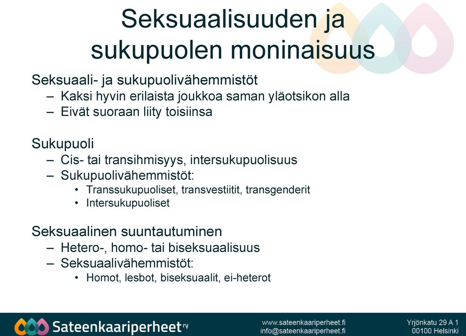 Sukupuolivähemmistöt: Transsukupuoliset, transvestiitit, transgenderit Intersukupuoliset Seksuaalinen