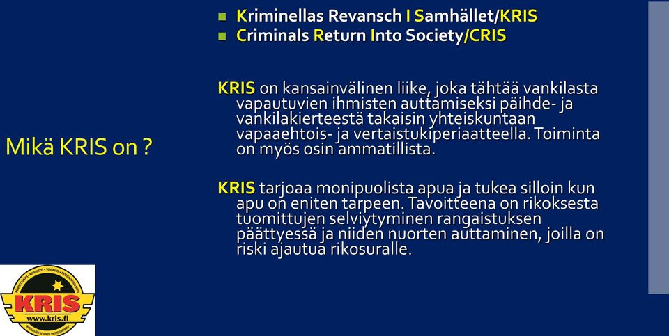 yhteiskuntaan vapaaehtois- ja vertaistukiperiaatteella. Toiminta on myös osin ammatillista.