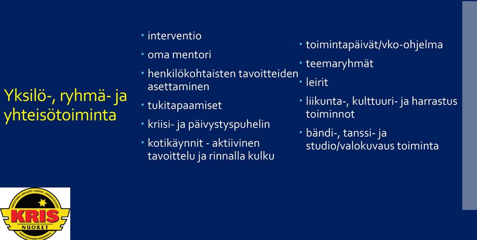 tukitapaamiset liikunta-, kulttuuri- ja harrastus toiminnot kriisi- ja