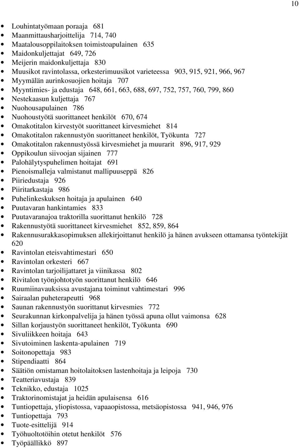 Nuohousapulainen 786 Nuohoustyötä suorittaneet henkilöt 670, 674 Omakotitalon kirvestyöt suorittaneet kirvesmiehet 814 Omakotitalon rakennustyön suorittaneet henkilöt, Työkunta 727 Omakotitalon