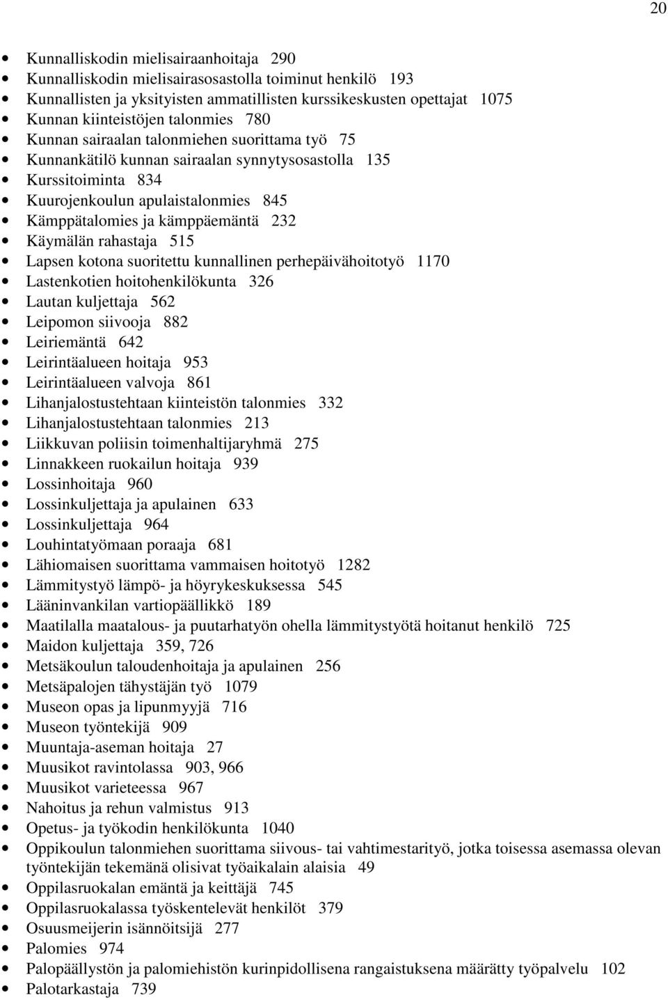 Käymälän rahastaja 515 Lapsen kotona suoritettu kunnallinen perhepäivähoitotyö 1170 Lastenkotien hoitohenkilökunta 326 Lautan kuljettaja 562 Leipomon siivooja 882 Leiriemäntä 642 Leirintäalueen