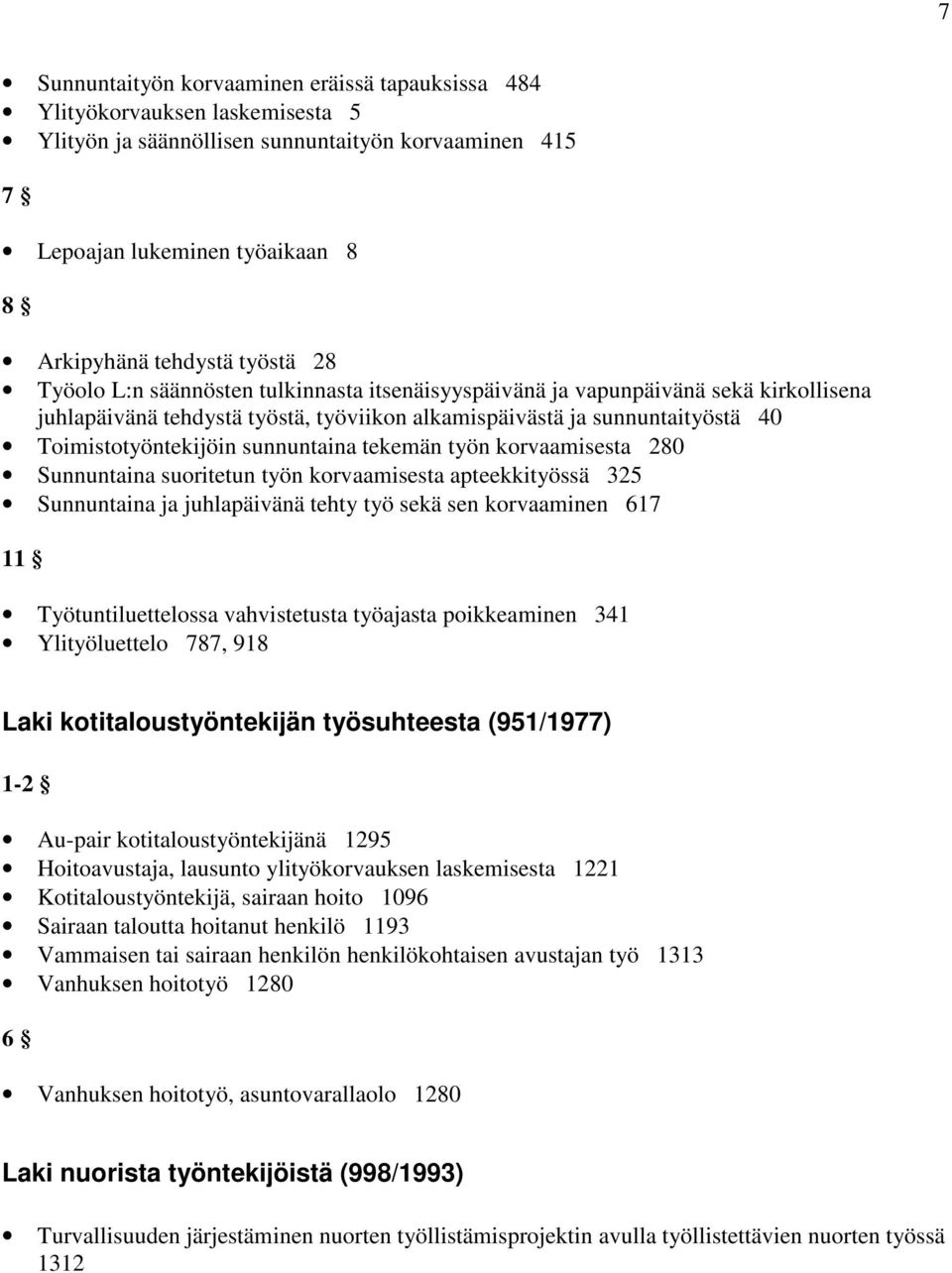 sunnuntaina tekemän työn korvaamisesta 280 Sunnuntaina suoritetun työn korvaamisesta apteekkityössä 325 Sunnuntaina ja juhlapäivänä tehty työ sekä sen korvaaminen 617 11 Työtuntiluettelossa