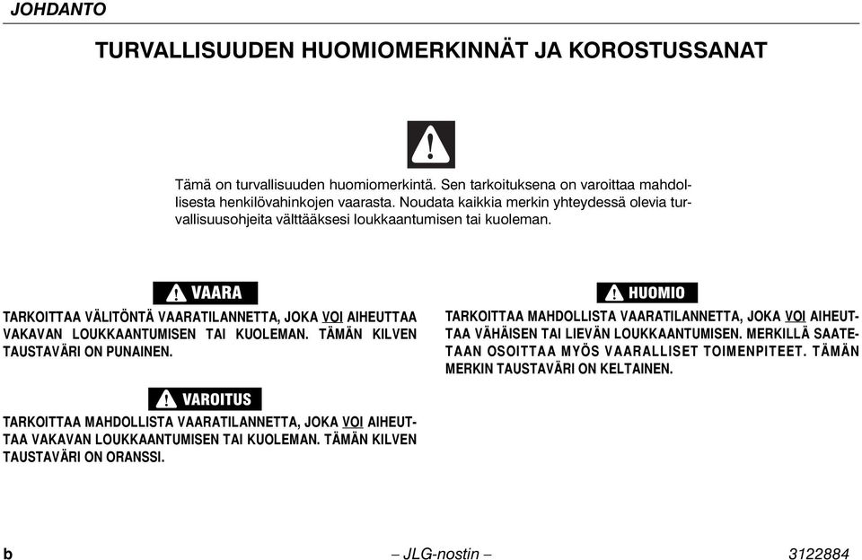 TARKOITTAA VÄLITÖNTÄ VAARATILANNETTA, JOKA VOI AIHEUTTAA VAKAVAN LOUKKAANTUMISEN TAI KUOLEMAN. TÄMÄN KILVEN TAUSTAVÄRI ON PUNAINEN.