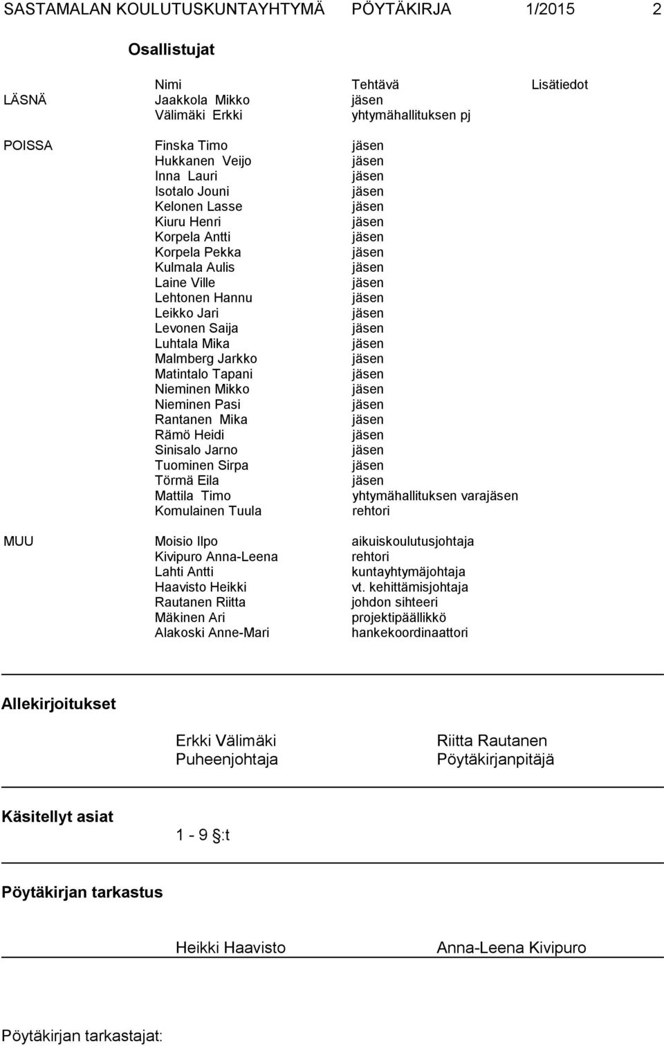 Pasi Rantanen Mika Rämö Heidi Sinisalo Jarno Tuominen Sirpa Törmä Eila Mattila Timo yhtymähallituksen vara Komulainen Tuula rehtori MUU Moisio Ilpo aikuiskoulutusjohtaja Kivipuro Anna-Leena rehtori