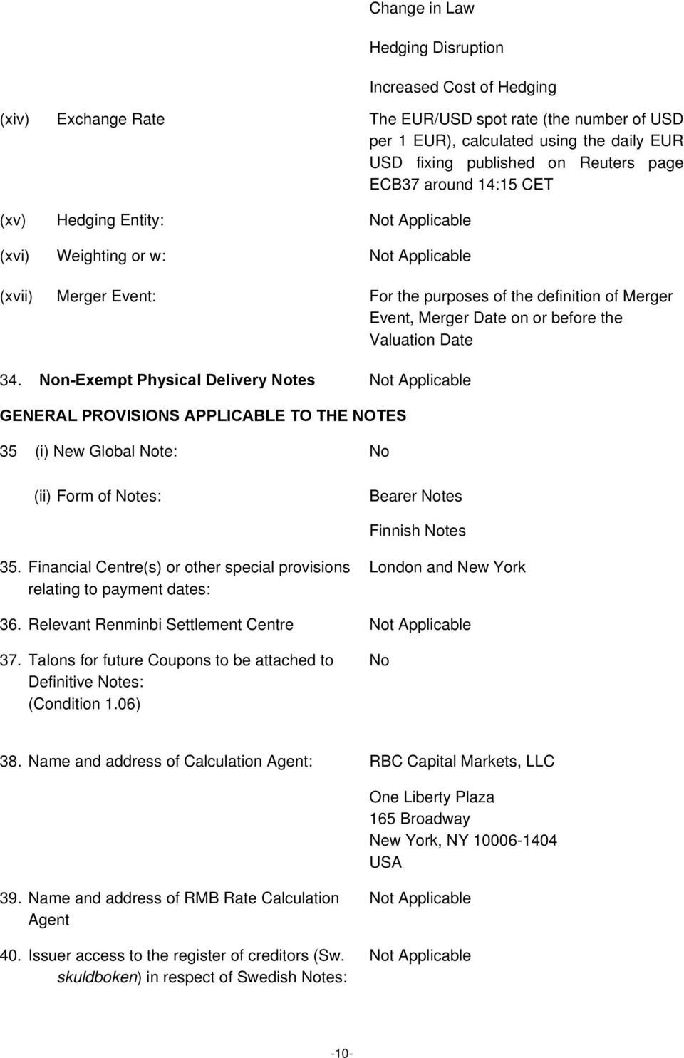 Non-Exempt Physical Delivery Notes GENERAL PROVISIONS APPLICABLE TO THE NOTES 35 (i) New Global Note: No (ii) Form of Notes: Bearer Notes Finnish Notes 35.