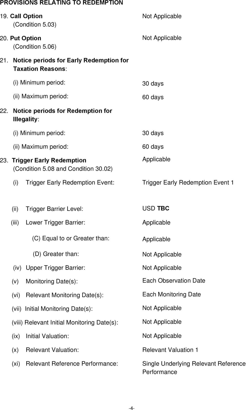 Notice periods for Redemption for Illegality: (i) Minimum period: (ii) Maximum period: 23. Trigger Early Redemption (Condition 5.08 and Condition 30.