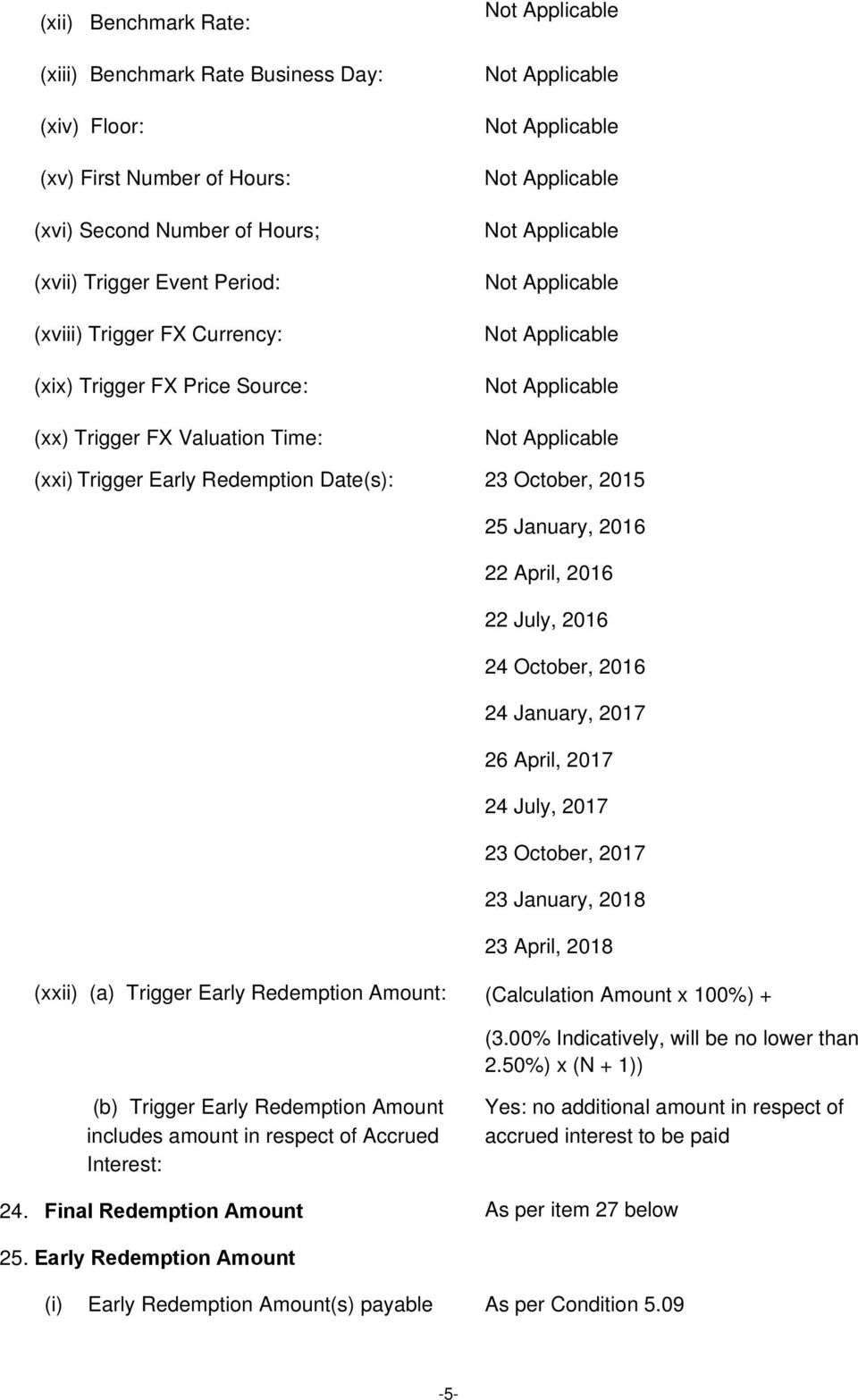 April, 2017 24 July, 2017 23 October, 2017 23 January, 2018 23 April, 2018 (xxii) (a) Trigger Early Redemption Amount: (Calculation Amount x 100%) + (3.00% Indicatively, will be no lower than 2.