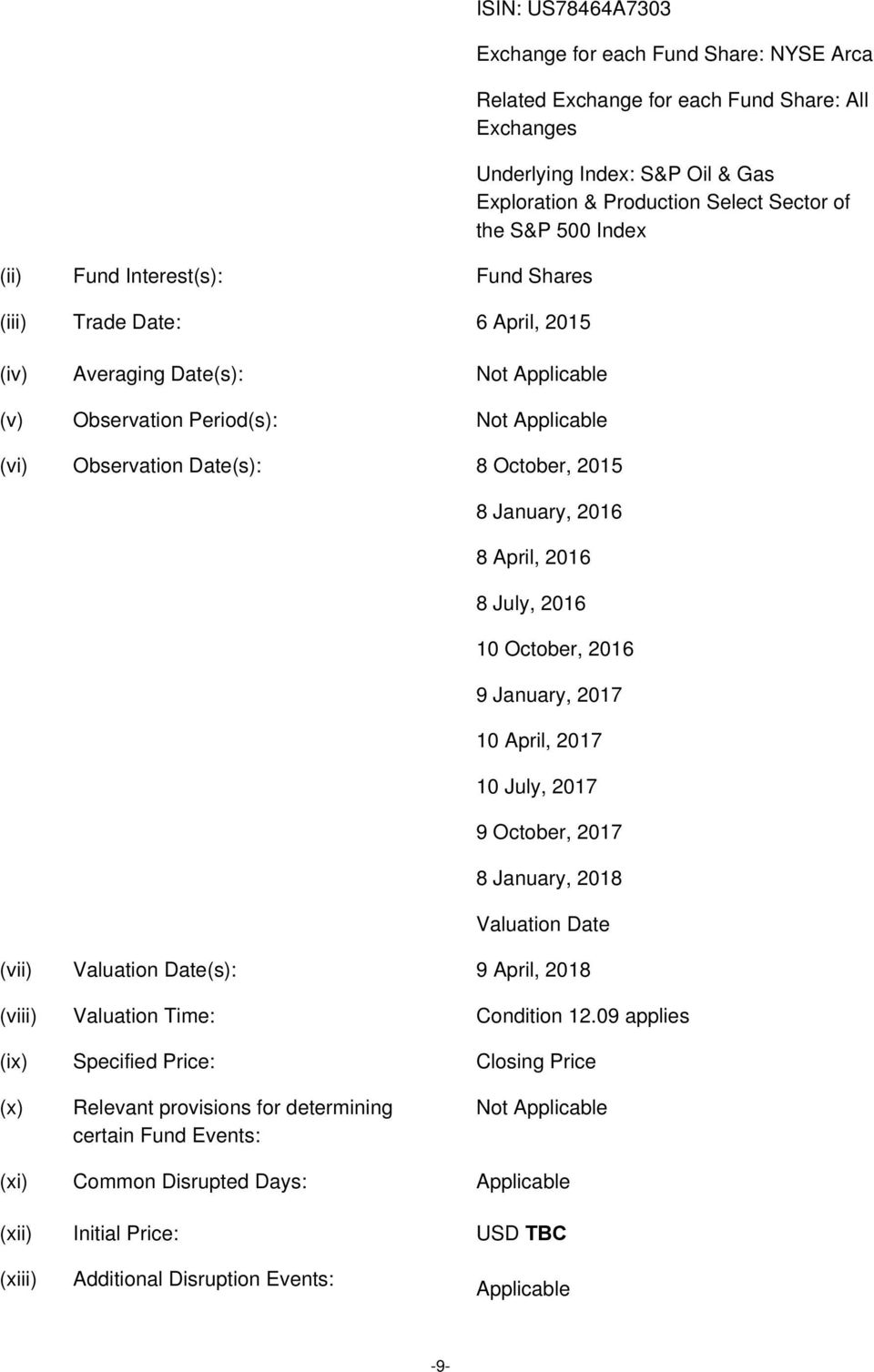 2016 8 July, 2016 10 October, 2016 9 January, 2017 10 April, 2017 10 July, 2017 9 October, 2017 8 January, 2018 Valuation Date (vii) Valuation Date(s): 9 April, 2018 (viii) (ix) (x) (xi) (xii) (xiii)