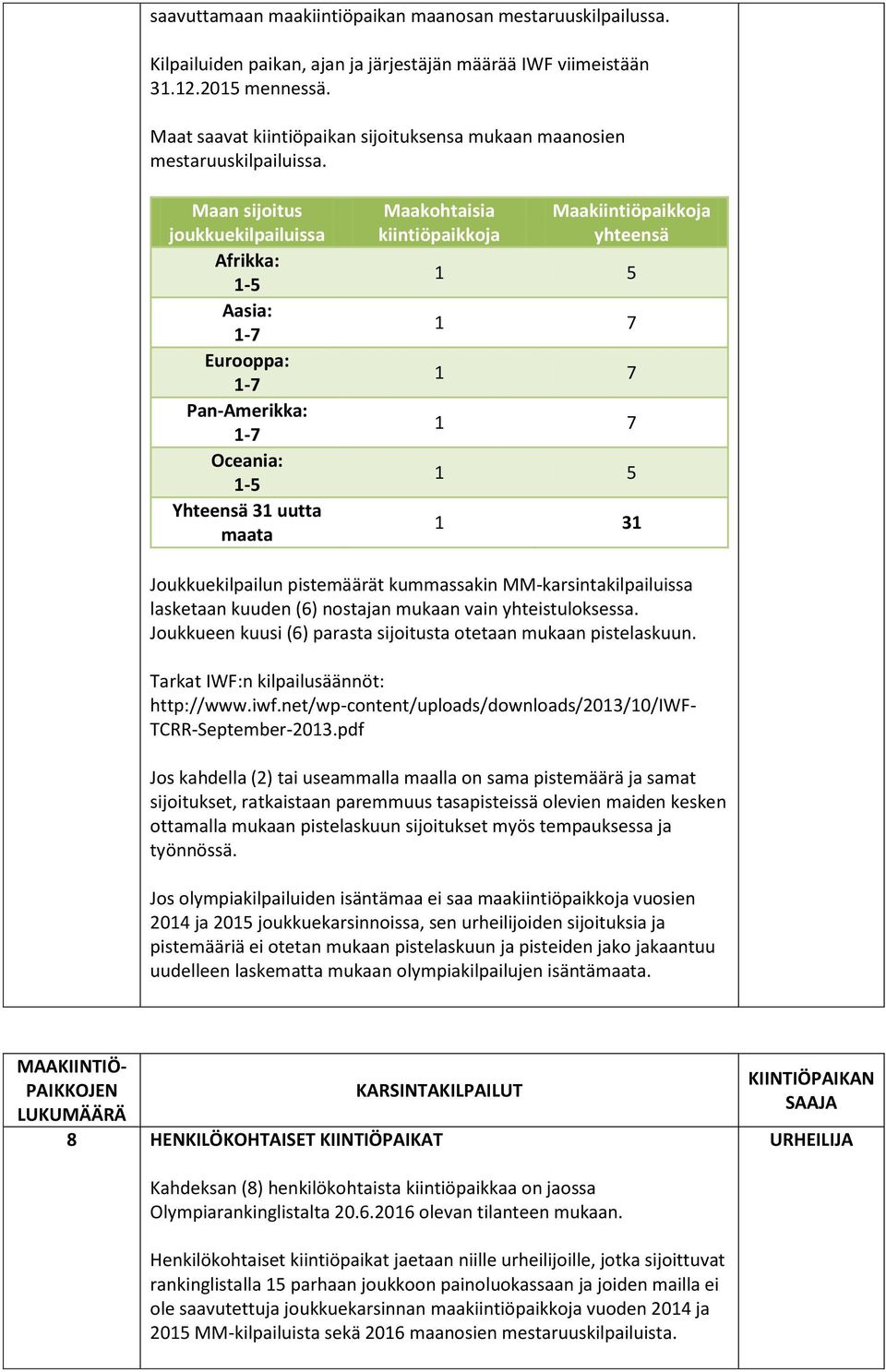 Maan sijoitus joukkuekilpailuissa Afrikka: 1-5 Aasia: 1-7 Eurooppa: 1-7 Pan-Amerikka: 1-7 Oceania: 1-5 Yhteensä 31 uutta maata Maakohtaisia kiintiöpaikkoja Maakiintiöpaikkoja yhteensä 1 5 1 7 1 7 1 7