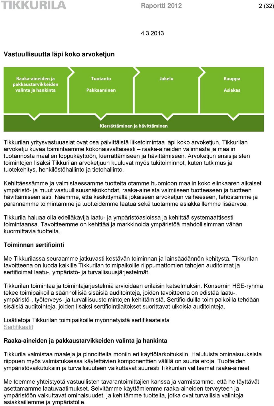 Arvoketjun ensisijaisten toimintojen lisäksi Tikkurilan arvoketjuun kuuluvat myös tukitoiminnot, kuten tutkimus ja tuotekehitys, henkilöstöhallinto ja tietohallinto.