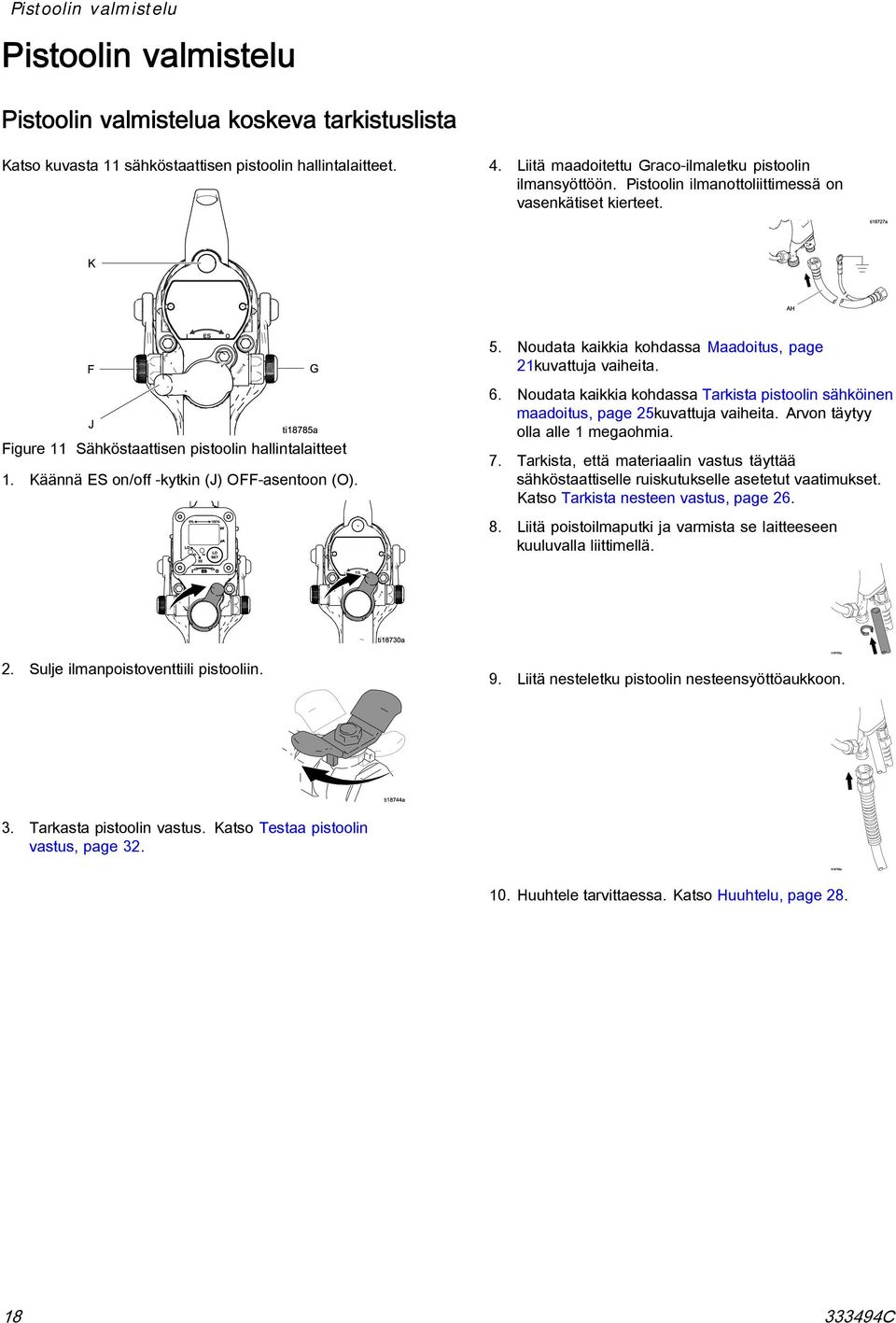 Figure 11 Sähköstaattisen pistoolin hallintalaitteet 1. Käännä ES on/off -kytkin (J) OFF-asentoon (O). 6. Noudata kaikkia kohdassa Tarkista pistoolin sähköinen maadoitus, page 25kuvattuja vaiheita.