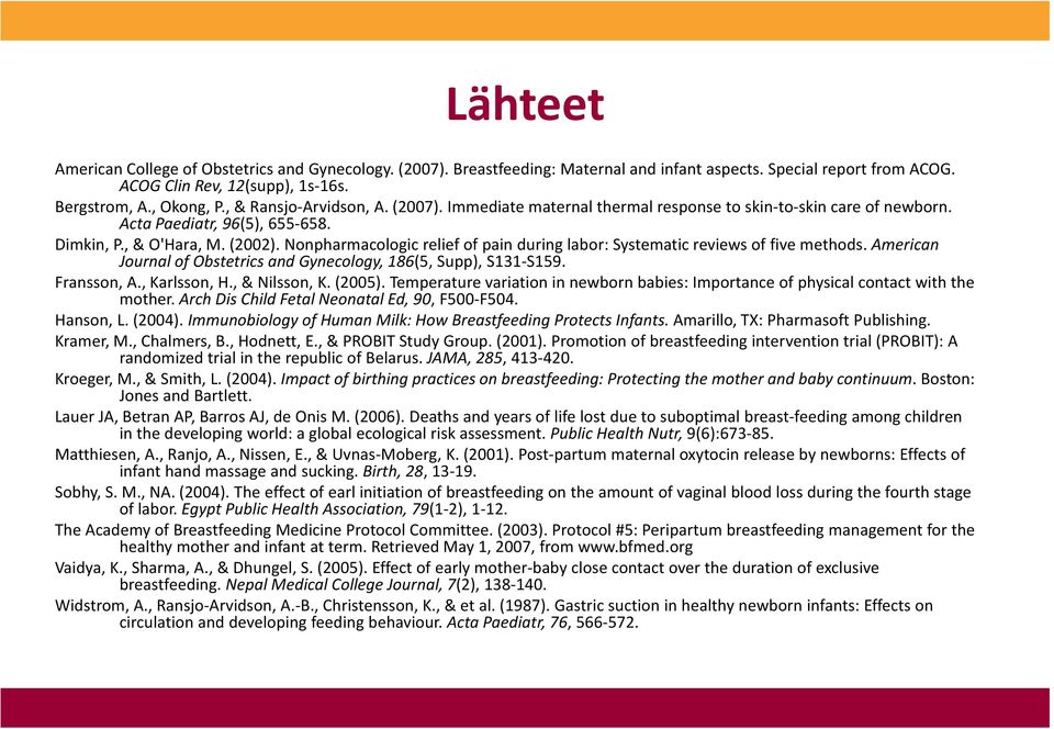 Nonpharmacologic relief of pain during labor: Systematic reviews of five methods. American Journal of Obstetrics and Gynecology, 186(5, Supp), S131 S159. Fransson, A., Karlsson, H., & Nilsson, K.