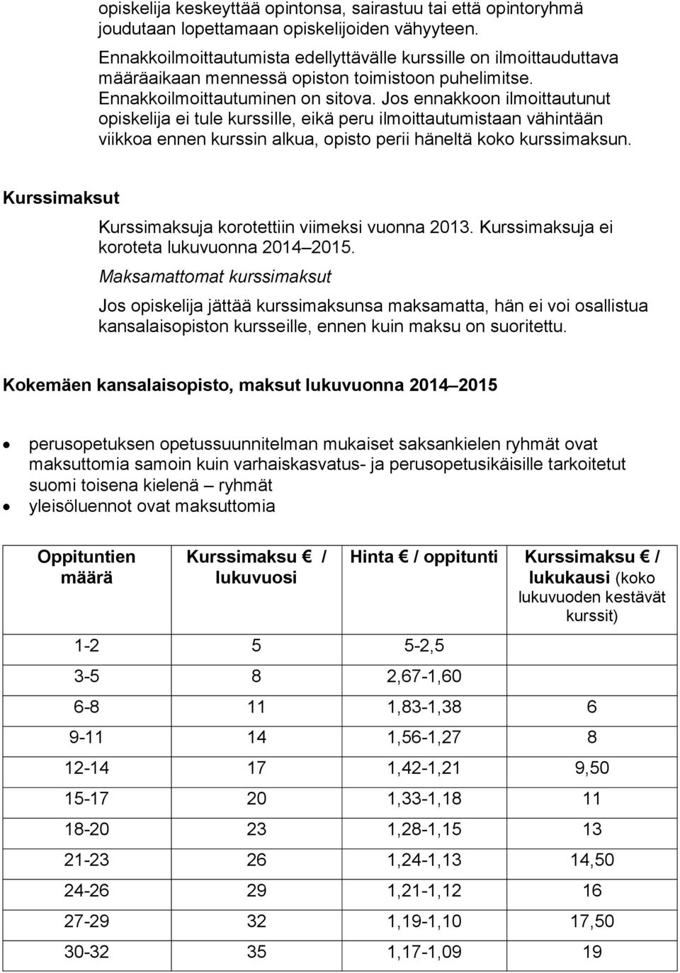 Jos ennakkoon ilmoittautunut opiskelija ei tule kurssille, eikä peru ilmoittautumistaan vähintään viikkoa ennen kurssin alkua, opisto perii häneltä koko kurssimaksun.