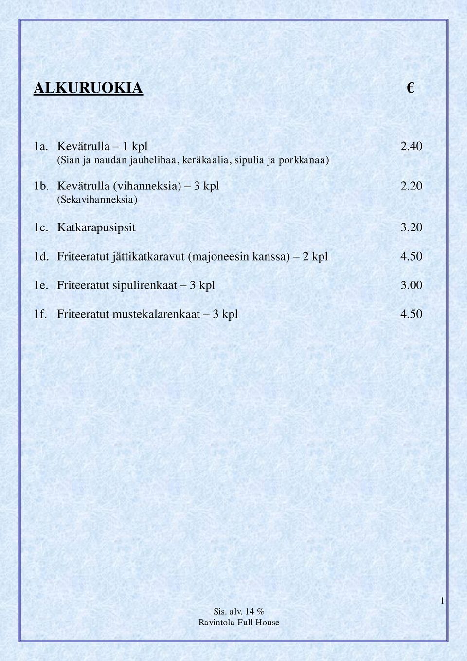 Kevätrulla (vihanneksia) 3 kpl 2.20 (Sekavihanneksia) 1c. Katkarapusipsit 3.20 1d.