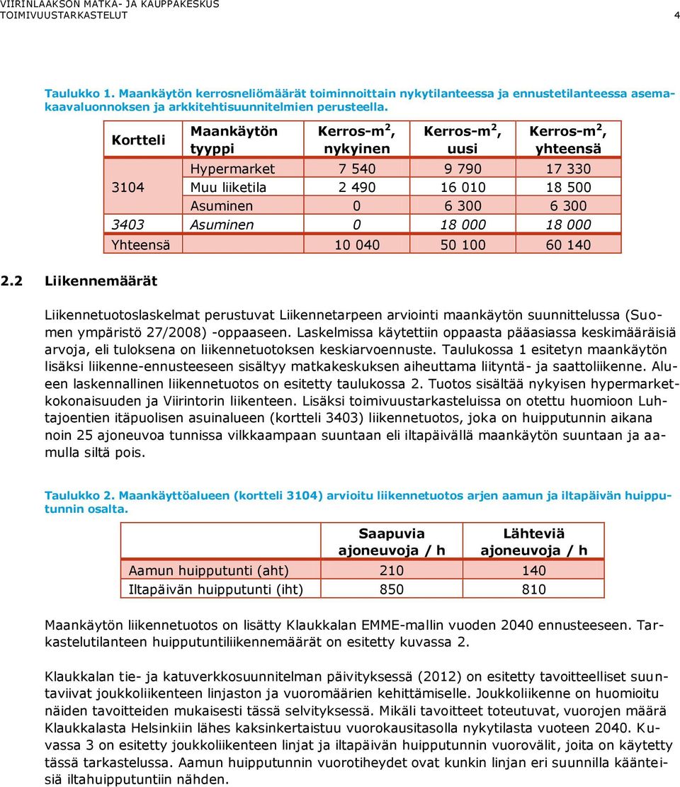 000 18 000 Yhteensä 10 040 50 100 60 140 2.2 Liikennemäärät Liikennetuotoslaskelmat perustuvat Liikennetarpeen arviointi maankäytön suunnittelussa (Suomen ympäristö 27/2008) -oppaaseen.