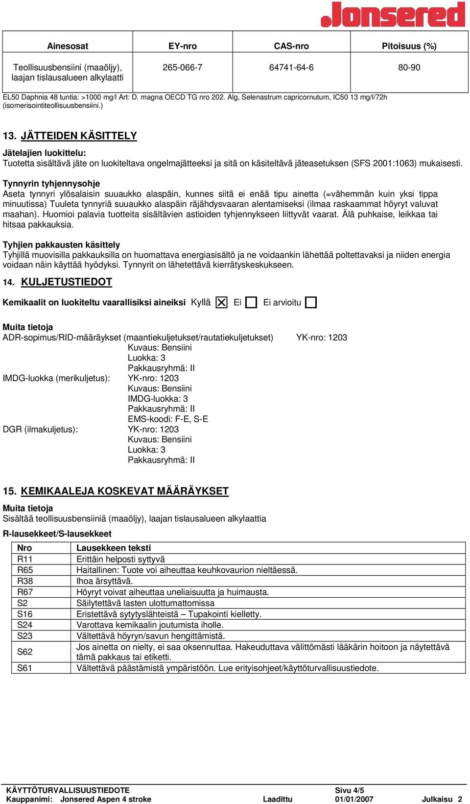 JÄTTEIDEN KÄSITTELY Jätelajien luokittelu: Tuotetta sisältävä jäte on luokiteltava ongelmajätteeksi ja sitä on käsiteltävä jäteasetuksen (SFS 2001:1063) mukaisesti.