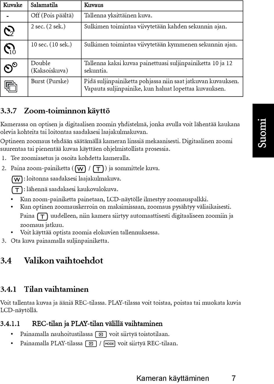 Pidä suljinpainiketta pohjassa niin saat jatkuvan kuvauksen. Vapauta suljinpainike, kun haluat lopettaa kuvauksen. 3.