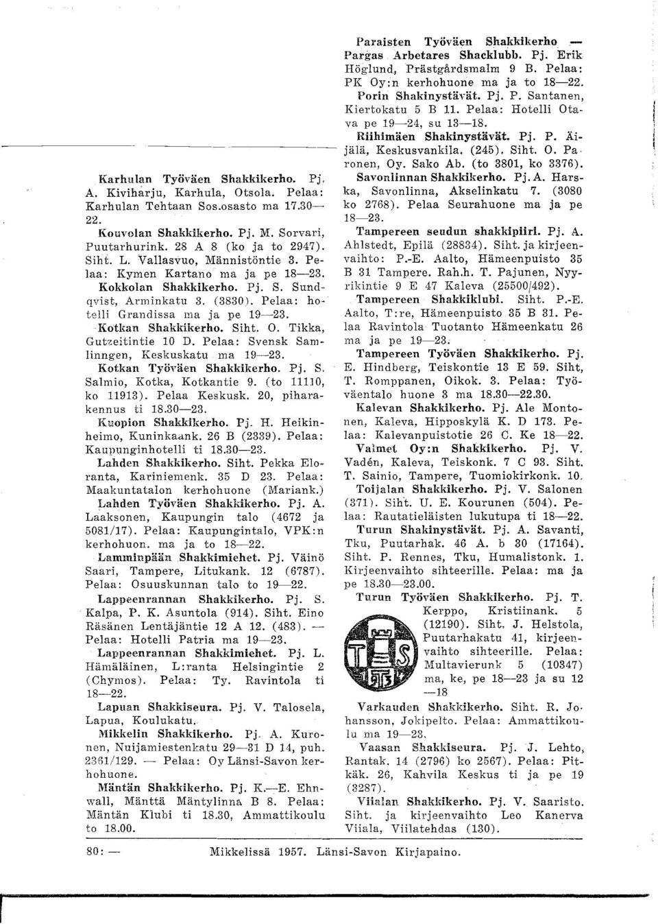 Tikka, Gut'leitintie 10 D. Pelaa: Svensk Samlinngen, Keskuskatu ma 19-23. Kotkan Työväen Shakkikerho. Pj. S. Salmio, Kotka, Kotkantie 9. (to 11110, ko 11913). Pelaa Keskusk. 20, piharakennus ti 18.