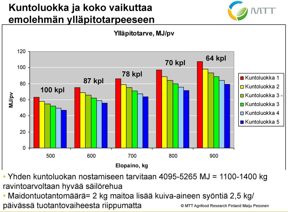 600 700 800 900 Elopaino, kg Yhden kuntoluokan nostamiseen tarvitaan 4095-5265 MJ = 1100-1400 kg ravintoarvoltaan