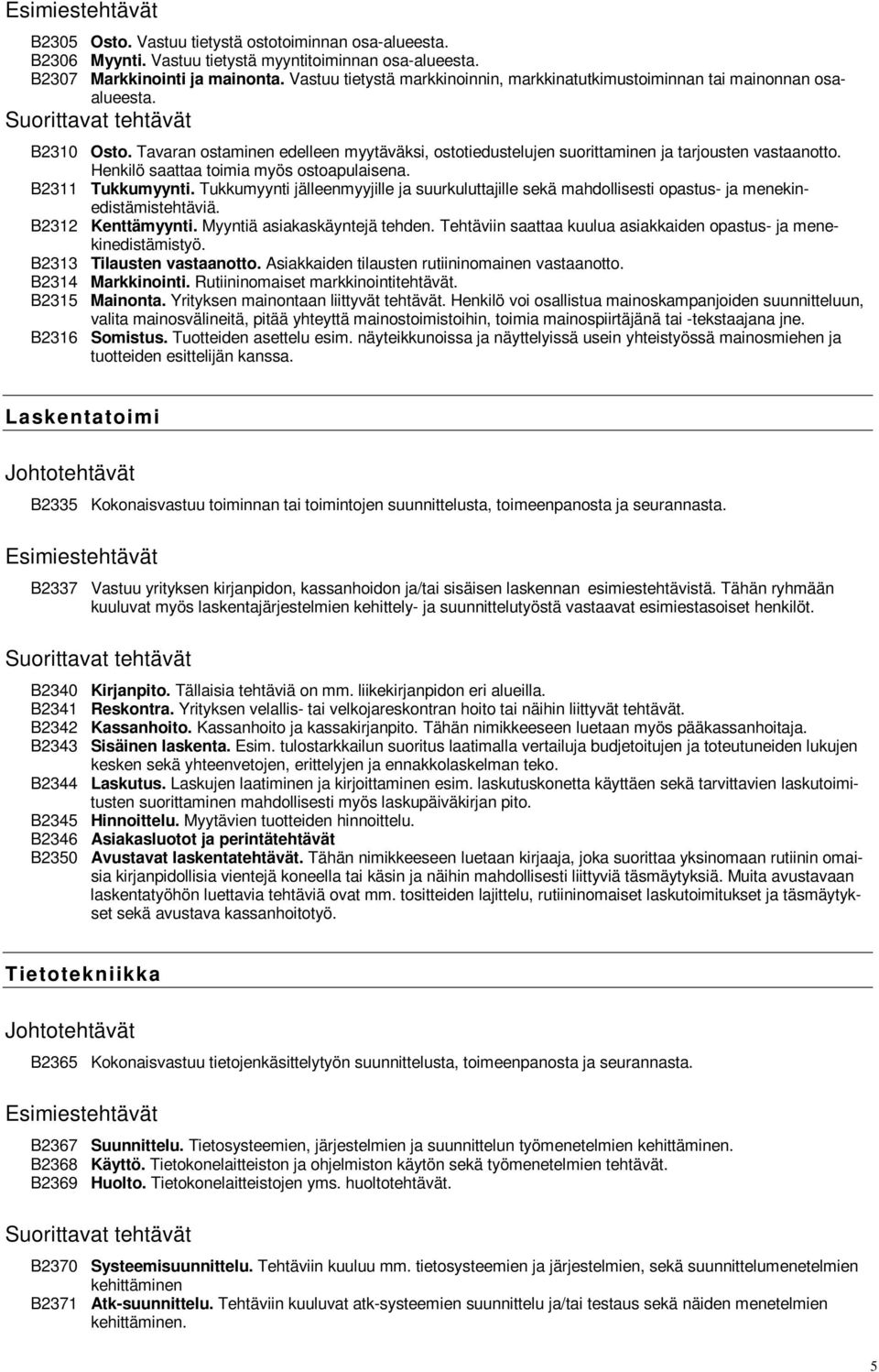 Tavaran ostaminen edelleen myytäväksi, ostotiedustelujen suorittaminen ja tarjousten vastaanotto. Henkilö saattaa toimia myös ostoapulaisena. B2311 Tukkumyynti.