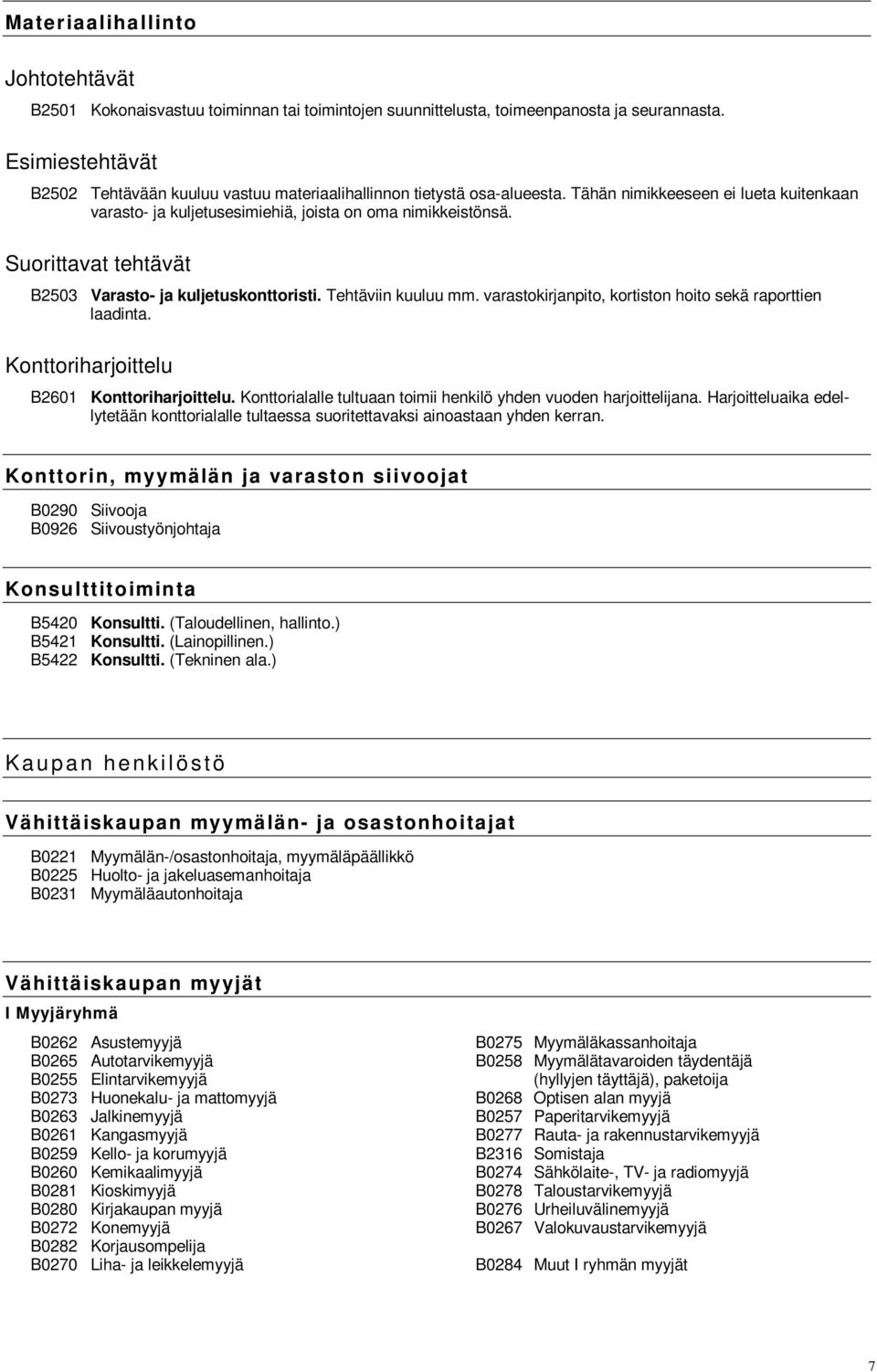 Suorittavat tehtävät B2503 Varasto- ja kuljetuskonttoristi. Tehtäviin kuuluu mm. varastokirjanpito, kortiston hoito sekä raporttien laadinta. Konttoriharjoittelu B2601 Konttoriharjoittelu.