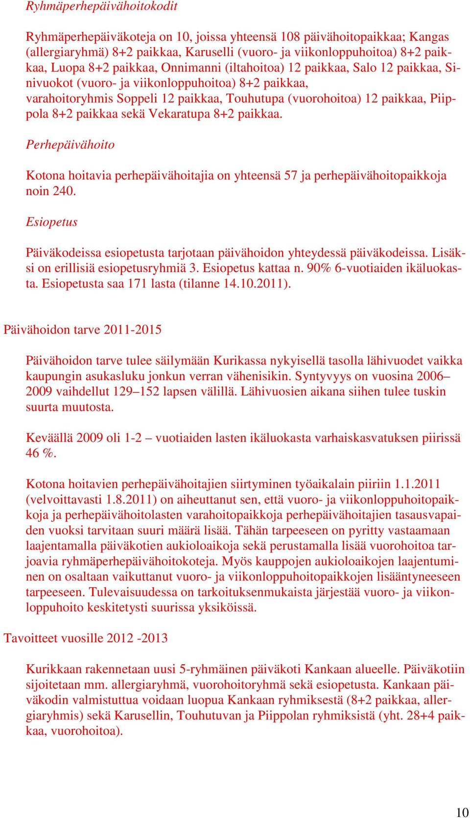 paikkaa sekä Vekaratupa 8+2 paikkaa. Perhepäivähoito Kotona hoitavia perhepäivähoitajia on yhteensä 57 ja perhepäivähoitopaikkoja noin 240.