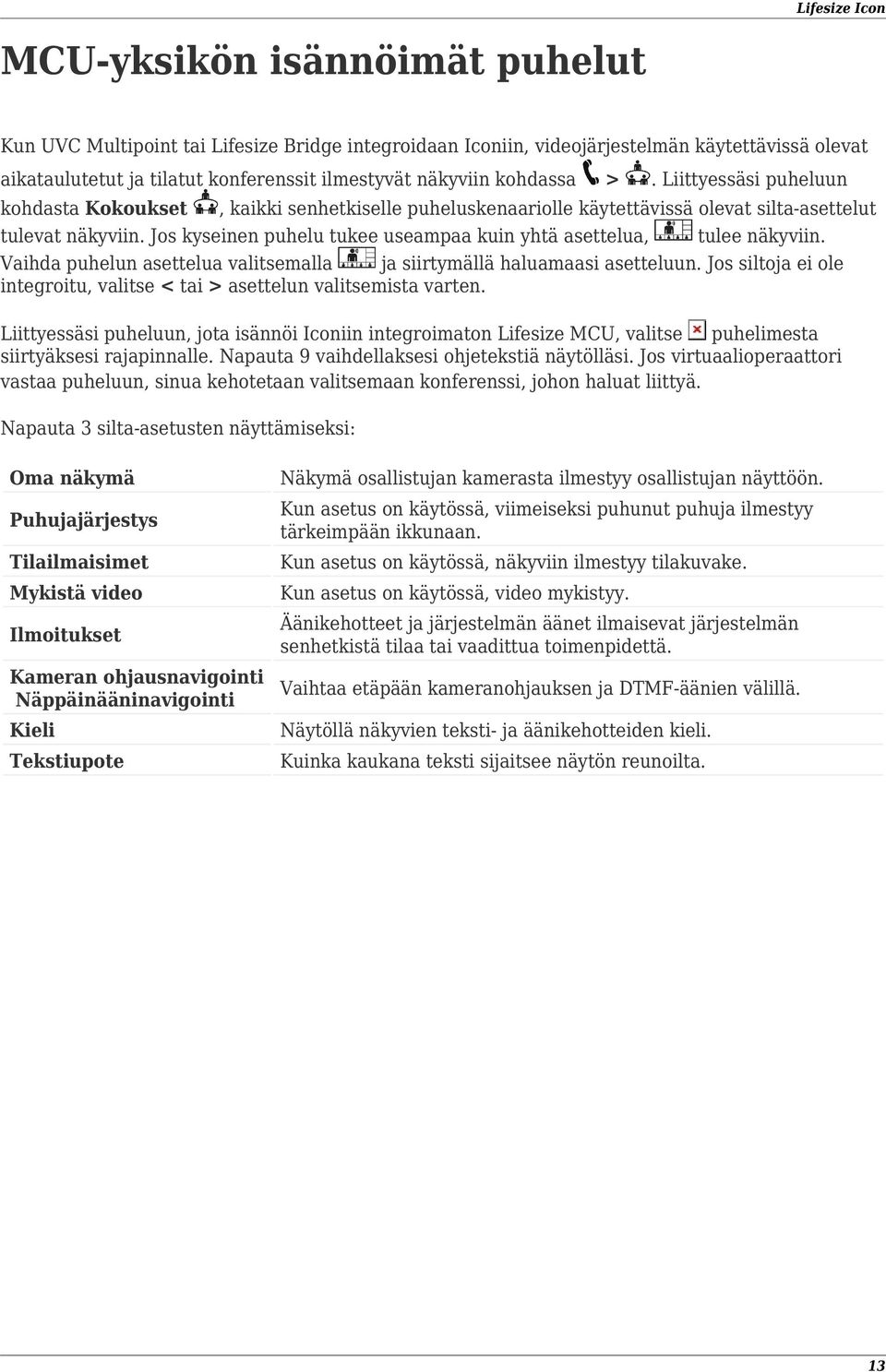 Jos kyseinen puhelu tukee useampaa kuin yhtä asettelua, tulee näkyviin. Vaihda puhelun asettelua valitsemalla ja siirtymällä haluamaasi asetteluun.