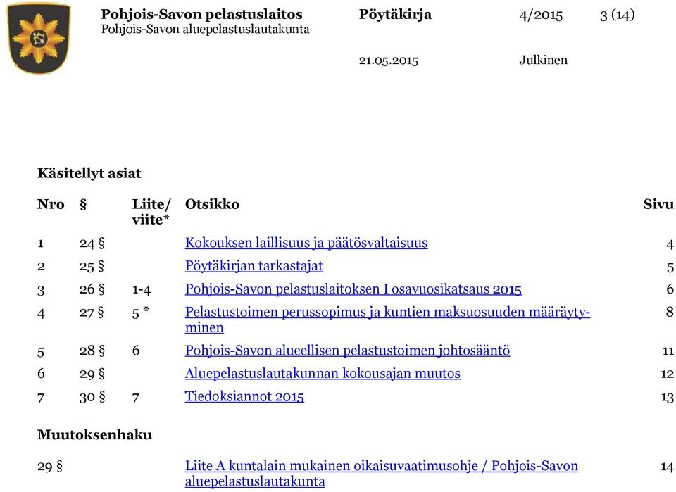 perussopimus ja kuntien maksuosuuden määräytyminen 5 28 6 Pohjois-Savon alueellisen pelastustoimen johtosääntö 11 6 29 Aluepelastuslautakunnan