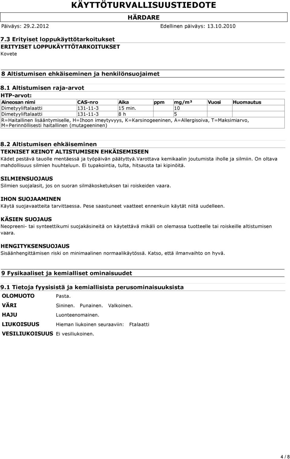 10 Dimetyyliftalaatti 131-11-3 8 h 5 R=Haitallinen lisääntymiselle, H=Ihoon imeytyvyys, K=Karsinogeeninen, A=Allergisoiva, T=Maksimiarvo, M=Perinnöllisesti haitallinen (mutageeninen) 8.