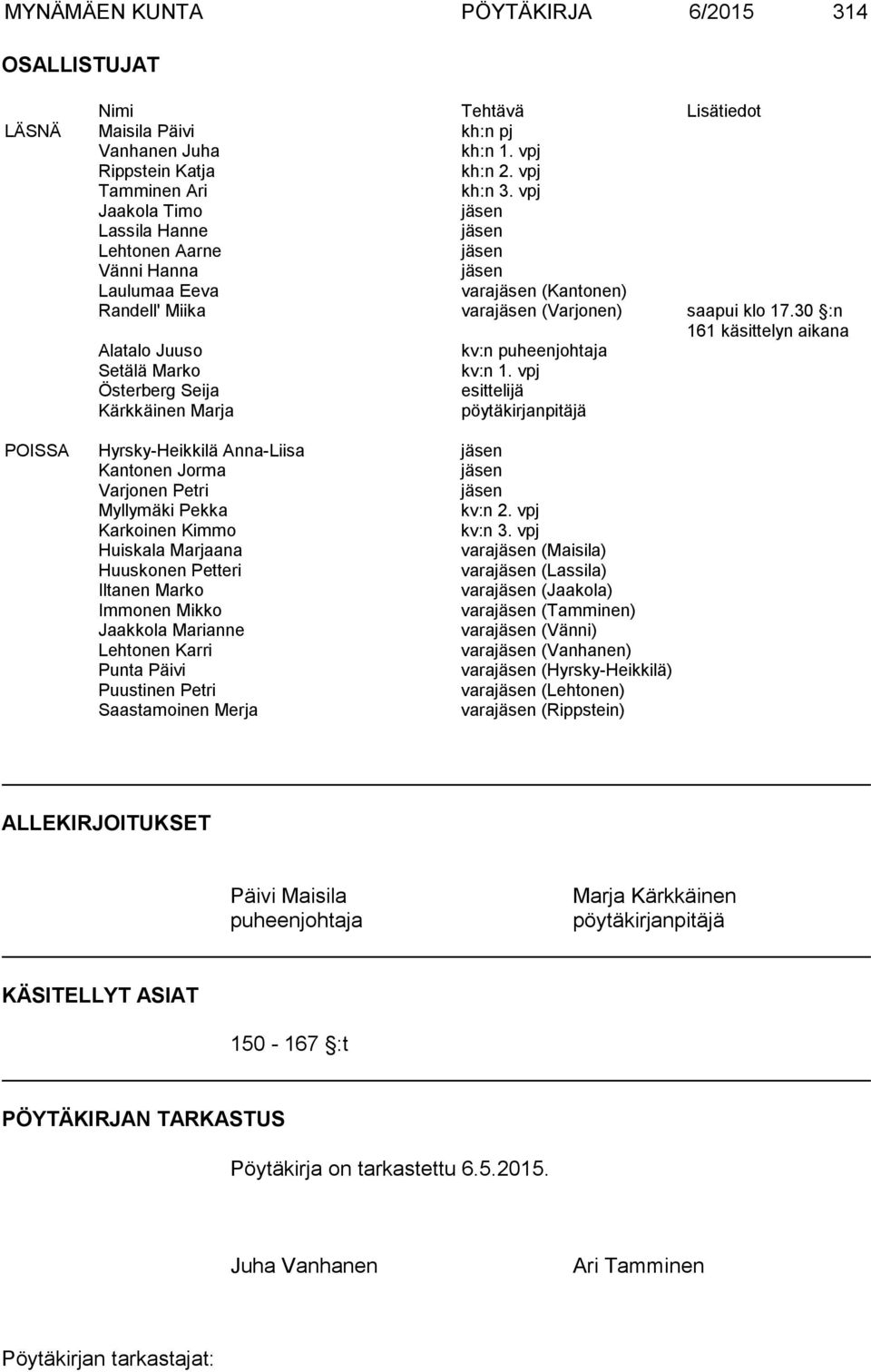 30 :n 161 käsittelyn aikana Alatalo Juuso kv:n puheenjohtaja Setälä Marko kv:n 1.