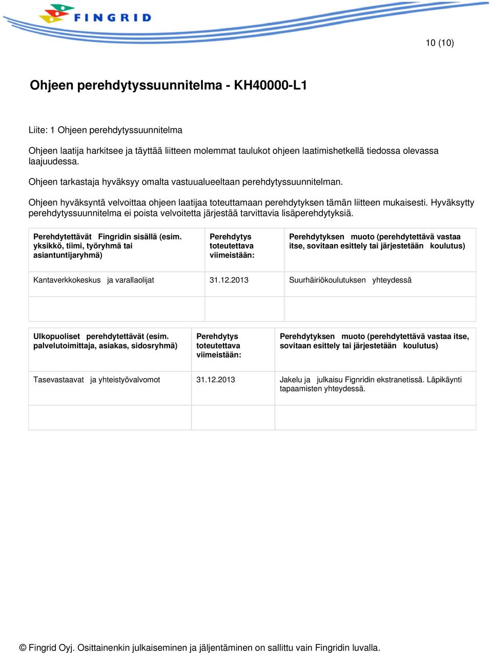 Hyväksytty perehdytyssuunnitelma ei poista velvoitetta järjestää tarvittavia lisäperehdytyksiä. Perehdytettävät Fingridin sisällä (esim.