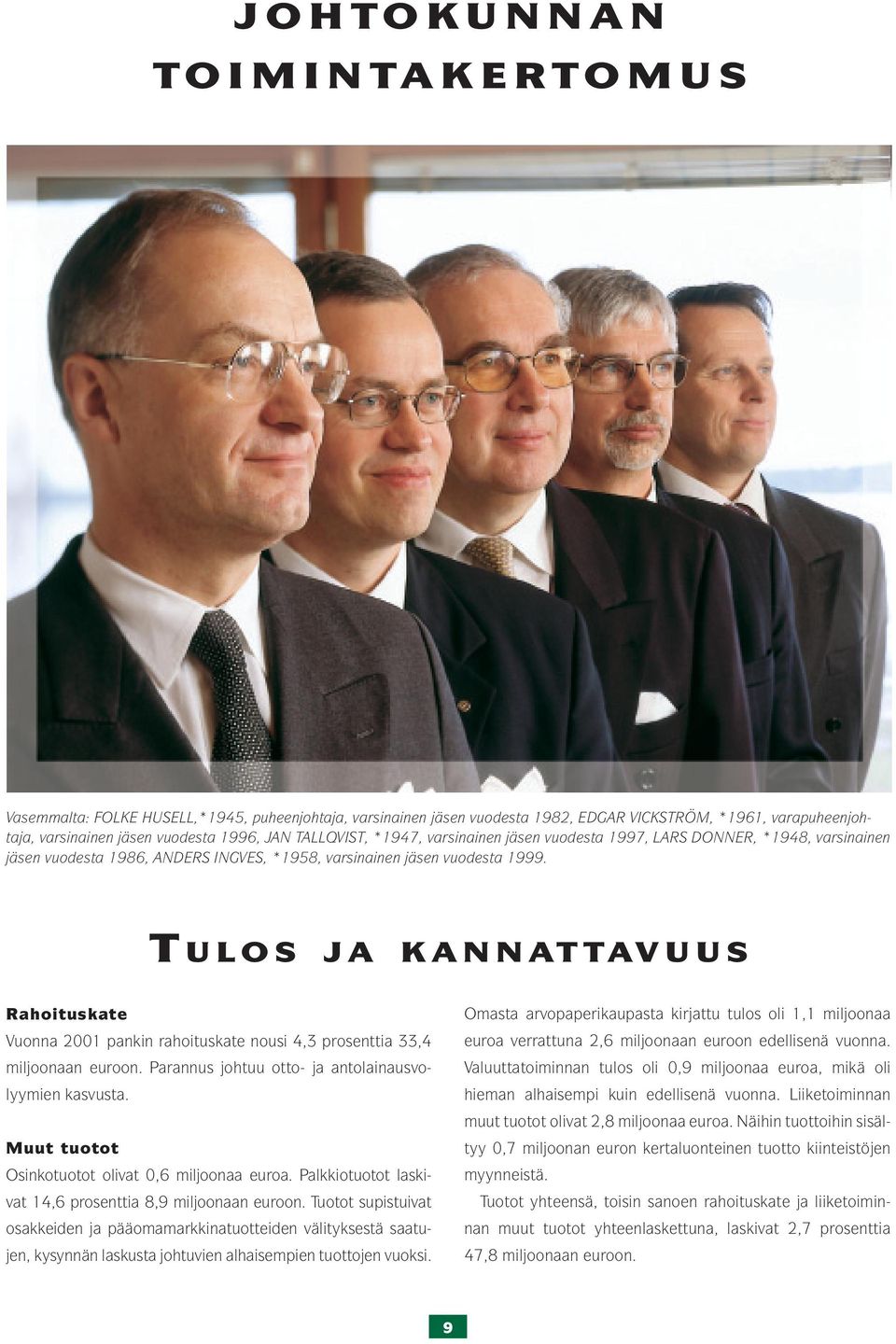 T U L O S JA KANNAT TAV U U S Rahoituskate Vuonna 2001 pankin rahoituskate nousi 4,3 prosenttia 33,4 miljoonaan euroon. Parannus johtuu otto- ja antolainausvolyymien kasvusta.